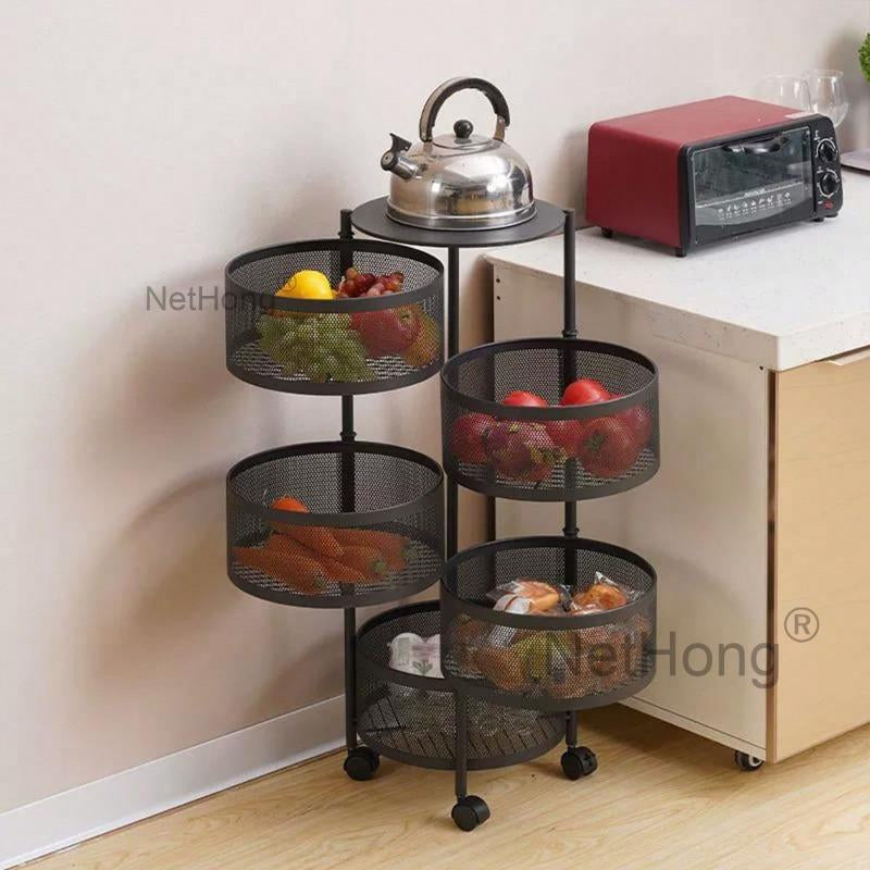 3/4/5 Tier Kitchen Rotating Storage Trolley Cart Utility Vegetable Mobile Shelf Rack