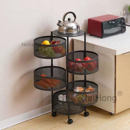 3/4/5 Tier Kitchen Rotating Storage Trolley Cart Utility Vegetable Mobile Shelf Rack