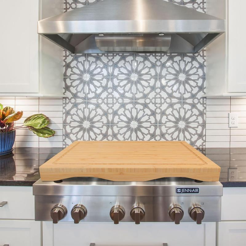 Stove Cover Board for Gas Stovetop - Raised Cutting Board with Legs and Juice Grooves, Adjustable Noodle Board Stove Cover for RV Stove Top (29.52"X21.65") Chopping Kitchen Knives Bamboo Oil Wooden