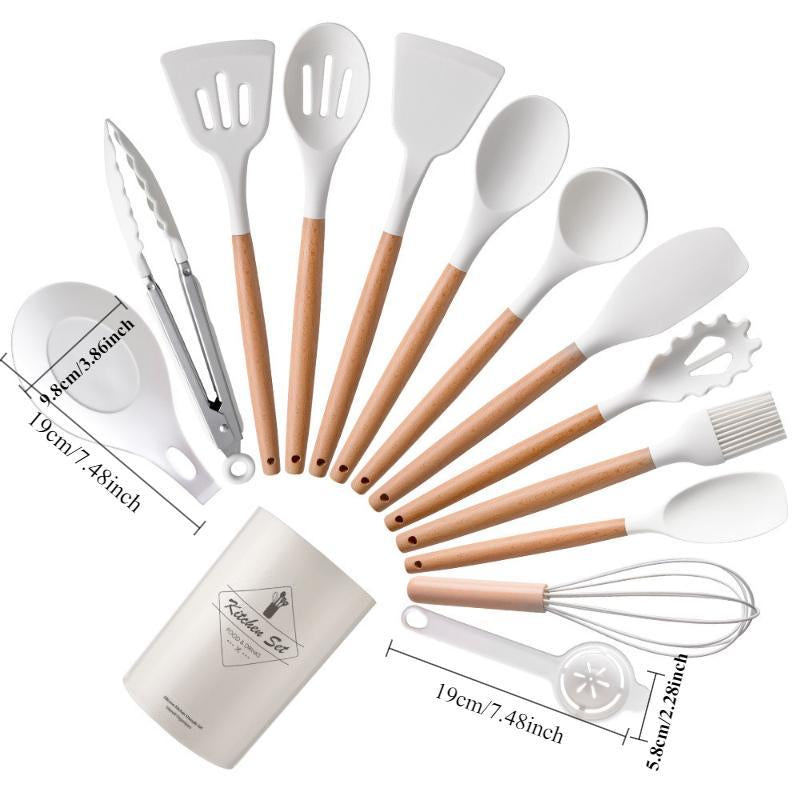 Silicone Kitchen Utensils Set, 14Pcs/Set Wooden Handle Non-Stick Baking Tool Set, Portable Home Kitchen Gadgets, Multifunctional Household Kitchen Set for Cooking & Baking