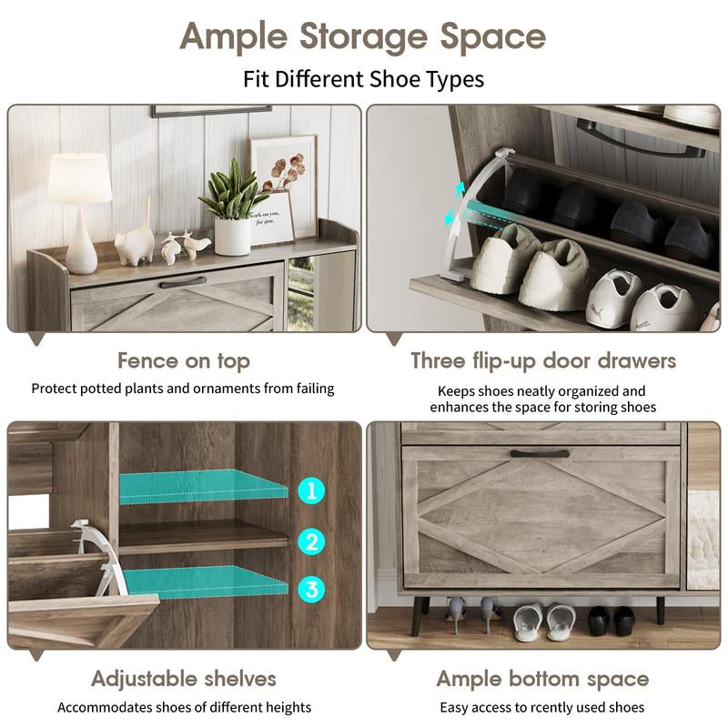 [Mother'S Day] Vabches Shoe Storage Cabinet with 3 Flip Drawers & Mirror, Freestanding Shoe Organizer with 5 Wooden Legs, Slim Shoe Rack Cabinet with Shelves and Door for Entryway, Hallway, Living Room