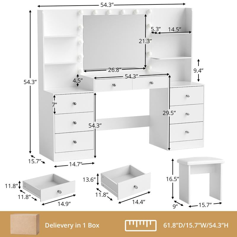 VOWNER Modern Makeup Vanity Desk with Lighted Mirror and Sturdy Stool,Makeup Table Sets with Drawers and Shelves Vanity Mirror Furniture Bedroom