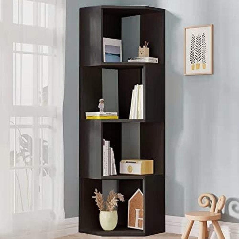 5-Tier Corner Shelf Wooden Bookcase ，Standing Tall Corner Bookshelf Display Unit Storage Rack， Living Room and Home Office Furniture