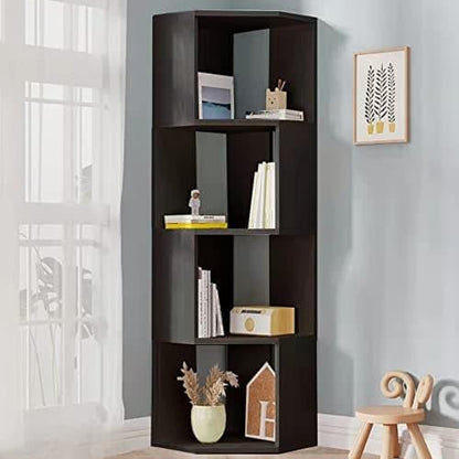 5-Tier Corner Shelf Wooden Bookcase ，Standing Tall Corner Bookshelf Display Unit Storage Rack， Living Room and Home Office Furniture