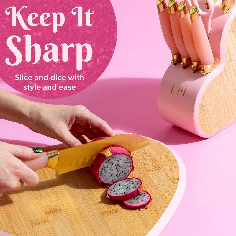 Paris Hilton 10-Piece Heart-Shaped Stainless Steel Knife Block Set, Pink, Kitchen Essential