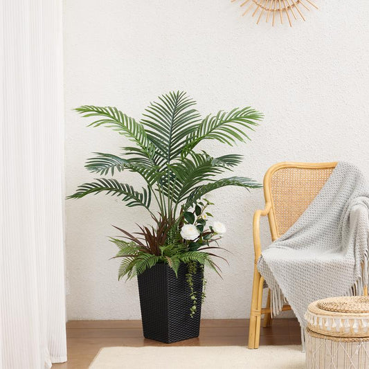 Verinatural 4FT Mixed Fern and Plam Artificial Plants with Black Taper Planter for Indoor & Outdoor,Suitable beside the True Mirror