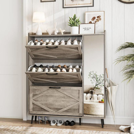[Mother'S Day] Vabches Shoe Storage Cabinet with 3 Flip Drawers & Mirror, Freestanding Shoe Organizer with 5 Wooden Legs, Slim Shoe Rack Cabinet with Shelves and Door for Entryway, Hallway, Living Room