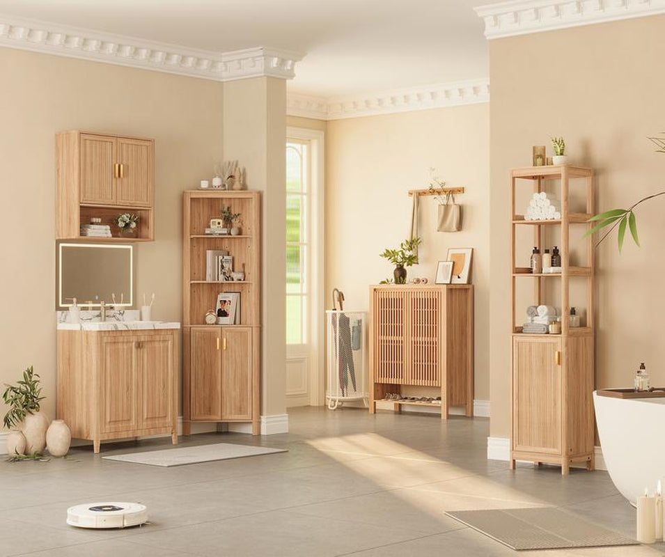 68'' Bathroom Storage Cabinet with Adjustable Shelves, Corner Cabinet for Bathroom, Tall Narrow, Kitchen & Living Room, Space-Saving Organizer with Door Natural Oak