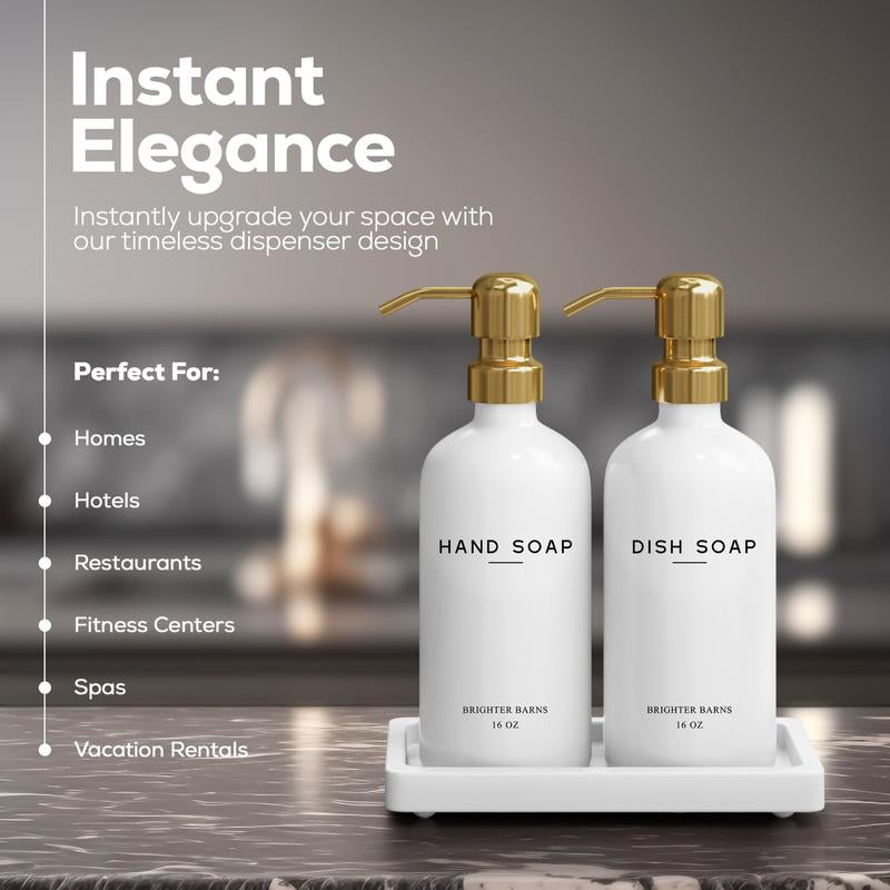 Luxury Glass Hand and Dish Soap Dispenser Set by Brighter Barns - Kitchen Soap Dispenser Set with Tray for Kitchen Sink - White and Gold Kitchen Accessories & Decor (Gold)