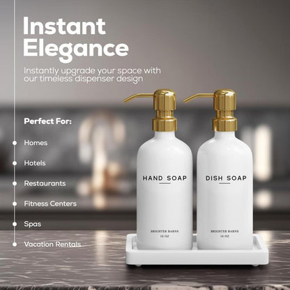 Luxury Glass Hand and Dish Soap Dispenser Set by Brighter Barns - Kitchen Soap Dispenser Set with Tray for Kitchen Sink - White and Gold Kitchen Accessories & Decor (Gold)
