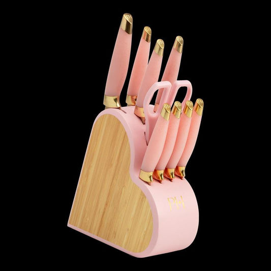 Paris Hilton 10-Piece Heart-Shaped Stainless Steel Knife Block Set, Pink, Kitchen Essential