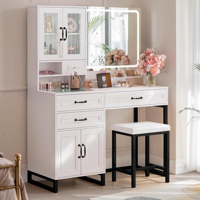 Large Makeup Vanity Desk with Mirror, Lights, and Glass Top Storage, Modern Furniture with Drawers Dresser and Bench for Bedroom, Charging Station
