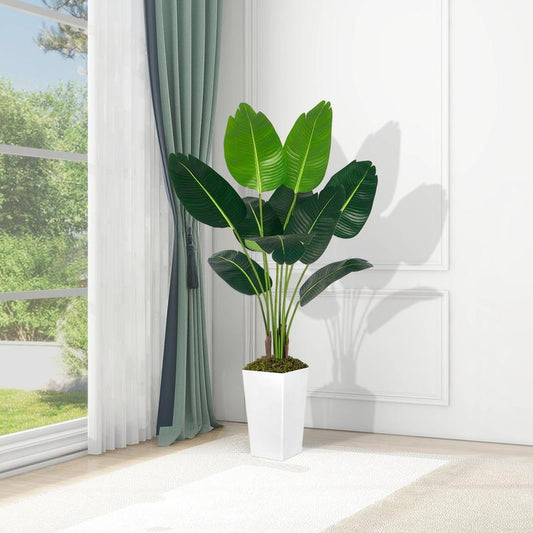 Bird of Paradise Tree, Artificial Imitation of Real Fake Plants, 10 Leaves with White Square Flower Pot, Home and Office Decoration