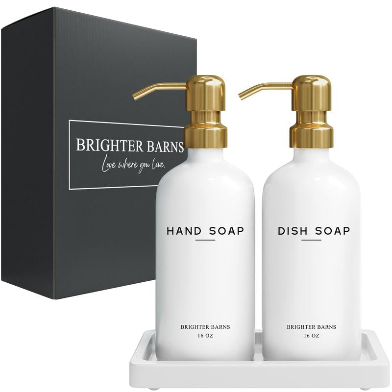 Luxury Glass Hand and Dish Soap Dispenser Set by Brighter Barns - Kitchen Soap Dispenser Set with Tray for Kitchen Sink - White and Gold Kitchen Accessories & Decor (Gold)