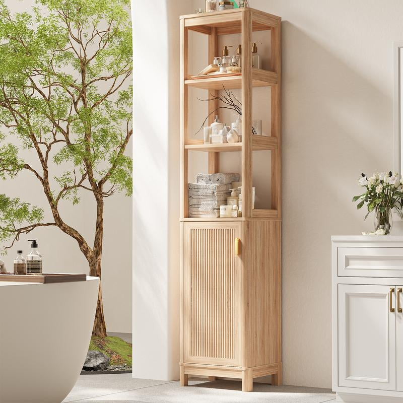 68'' Bathroom Storage Cabinet with Adjustable Shelves, Corner Cabinet for Bathroom, Tall Narrow, Kitchen & Living Room, Space-Saving Organizer with Door Natural Oak