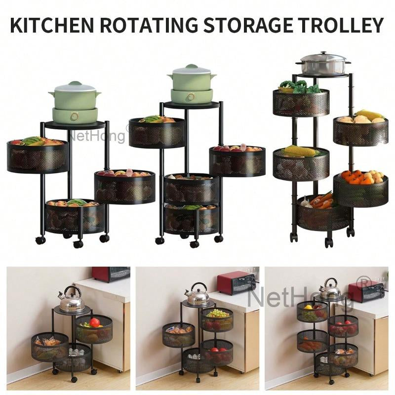 3/4/5 Tier Kitchen Rotating Storage Trolley Cart Utility Vegetable Mobile Shelf Rack