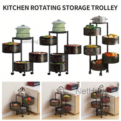 3/4/5 Tier Kitchen Rotating Storage Trolley Cart Utility Vegetable Mobile Shelf Rack