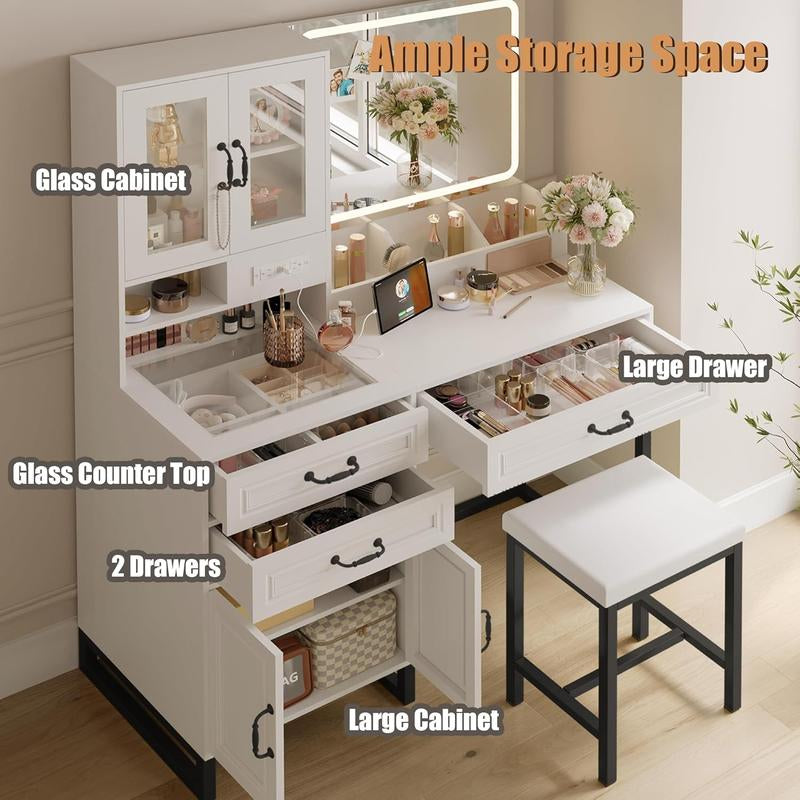 Large Makeup Vanity Desk with Mirror, Lights, and Glass Top Storage, Modern Furniture with Drawers Dresser and Bench for Bedroom, Charging Station