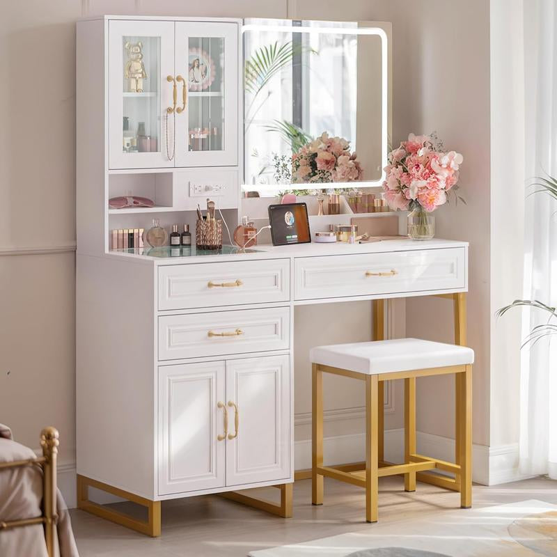 Large Makeup Vanity Desk with Mirror, Lights, and Glass Top Storage, Modern Furniture with Drawers Dresser and Bench for Bedroom, Charging Station