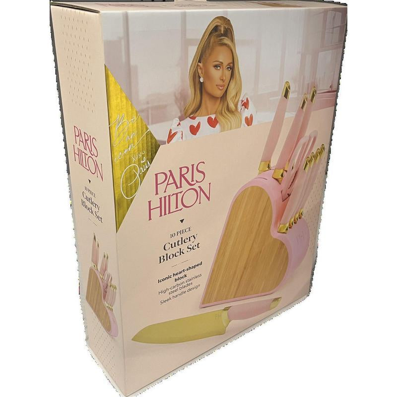 Paris Hilton 10-Piece Heart-Shaped Stainless Steel Knife Block Set, Pink, Kitchen Essential