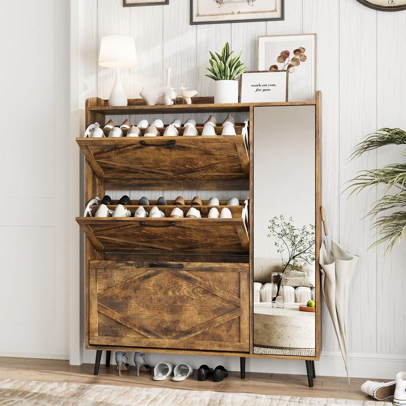 [Mother'S Day] Vabches Shoe Storage Cabinet with 3 Flip Drawers & Mirror, Freestanding Shoe Organizer with 5 Wooden Legs, Slim Shoe Rack Cabinet with Shelves and Door for Entryway, Hallway, Living Room