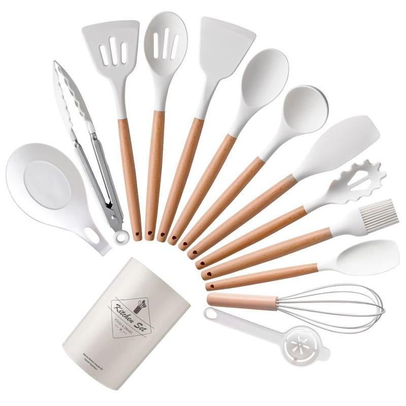 Silicone Kitchen Utensils Set, 14Pcs/Set Wooden Handle Non-Stick Baking Tool Set, Portable Home Kitchen Gadgets, Multifunctional Household Kitchen Set for Cooking & Baking