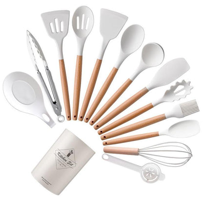 Silicone Kitchen Utensils Set, 14Pcs/Set Wooden Handle Non-Stick Baking Tool Set, Portable Home Kitchen Gadgets, Multifunctional Household Kitchen Set for Cooking & Baking