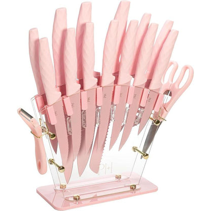 Paris Hilton Knife Block Set with Fan Style Clear Acrylic Knife Block, Premium Stainless Steel Blades with Nonstick Coating, Comfort Grip Handles, 16-Piece Set, Pink and Gold