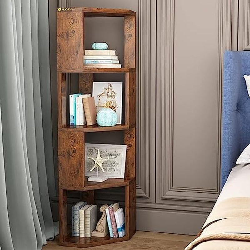 5-Tier Corner Shelf Wooden Bookcase ，Standing Tall Corner Bookshelf Display Unit Storage Rack， Living Room and Home Office Furniture