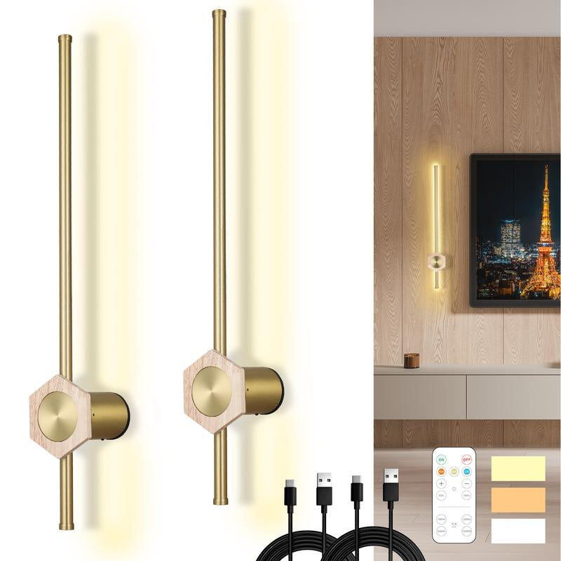 Battery Operated Wall Sconces Set of Two, USB Rechargeable Wall Lights with Remote Control, Dimmable Wireless Wall Lamp, 3 Color Mood Light for Hallway Living Room Bedroom