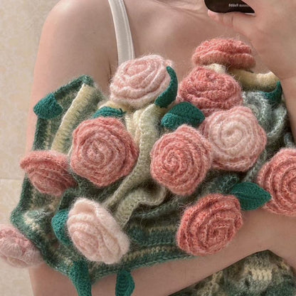 Milky White Wine Red Rose Bouquet Blanket | Handmade Crochet DIY Kit - Creative Gift Set with Rose and Lily of the Valley Crafts
