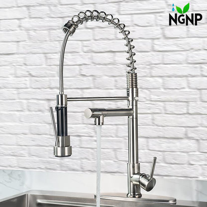 NGNP Kitchen Faucet with Pull-Down Spray, Single Handle Double Outlet Commercial Kitchen Sink Faucet, Solid Copper Body, Compatible with Deck 1 or 3 Holes Sprayer Black Steel High Arc Out