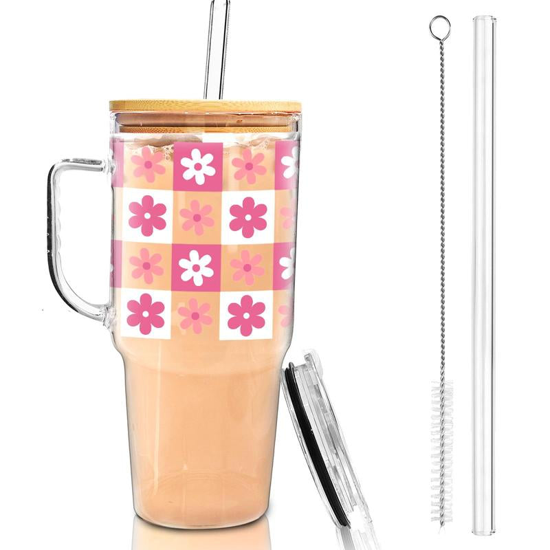 40Oz Glass Tumbler with Leakproof Plastic Lid & Straw – Spill-Proof Design, Easy to Clean, No Mold! Reusable Iced Coffee Cup for Car, Summer Drinkware, Durable Bpa-Free Travel Mug with Handle – Great Gift for Dad, Mom, Easter & Holidays Water Bottles