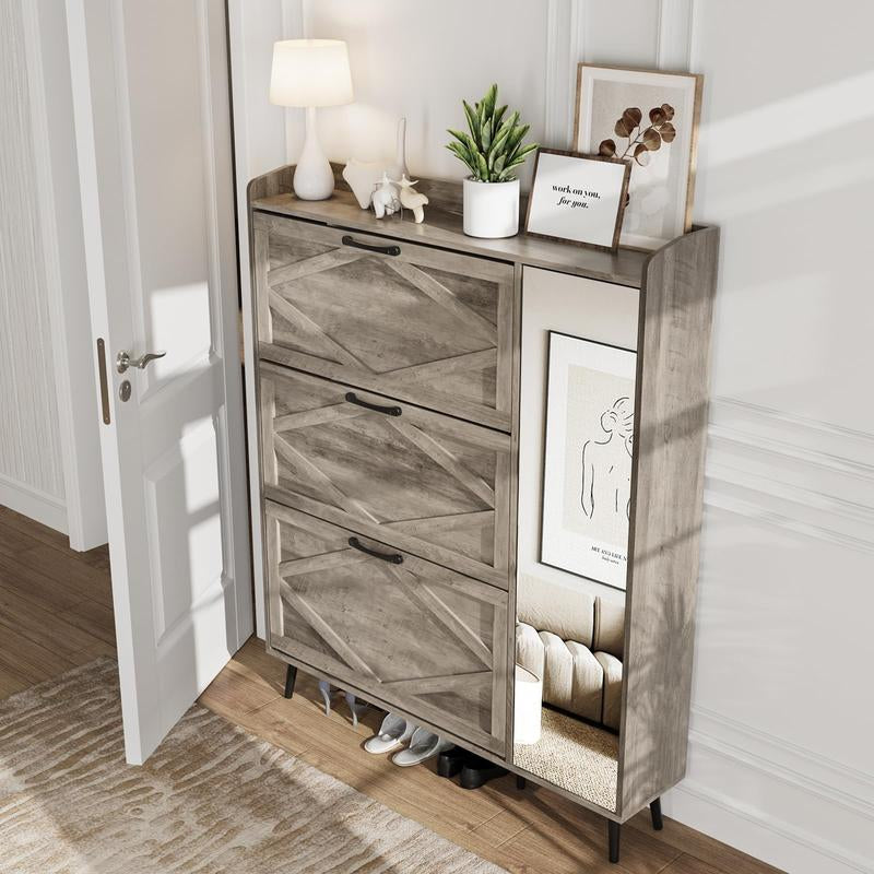 [Mother'S Day] Vabches Shoe Storage Cabinet with 3 Flip Drawers & Mirror, Freestanding Shoe Organizer with 5 Wooden Legs, Slim Shoe Rack Cabinet with Shelves and Door for Entryway, Hallway, Living Room