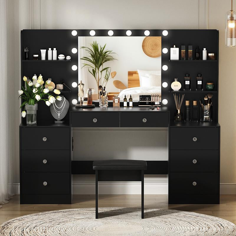 VOWNER Modern Makeup Vanity Desk with Lighted Mirror and Sturdy Stool,Makeup Table Sets with Drawers and Shelves Vanity Mirror Furniture Bedroom