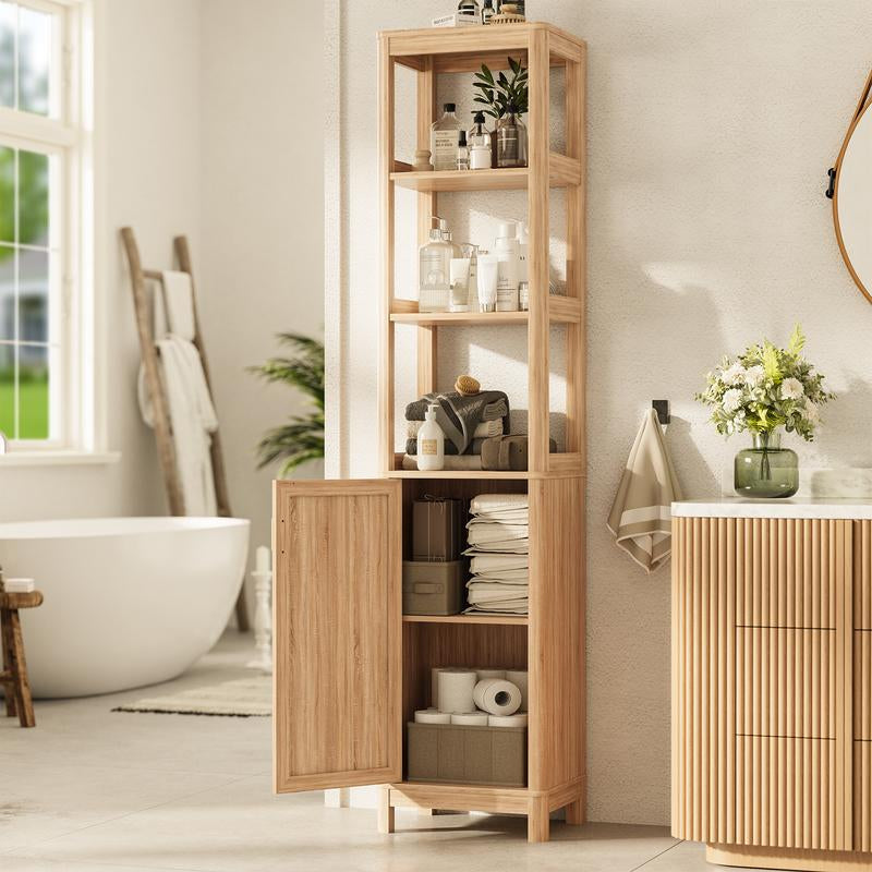 68'' Bathroom Storage Cabinet with Adjustable Shelves, Corner Cabinet for Bathroom, Tall Narrow, Kitchen & Living Room, Space-Saving Organizer with Door Natural Oak