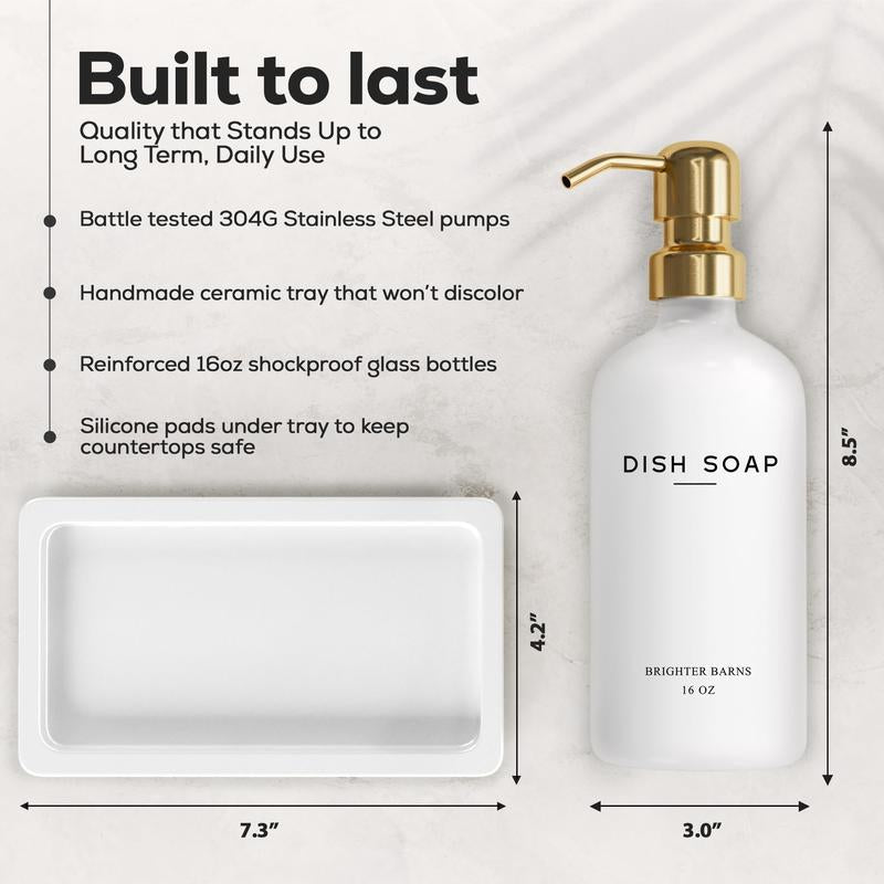 Luxury Glass Hand and Dish Soap Dispenser Set by Brighter Barns - Kitchen Soap Dispenser Set with Tray for Kitchen Sink - White and Gold Kitchen Accessories & Decor (Gold)