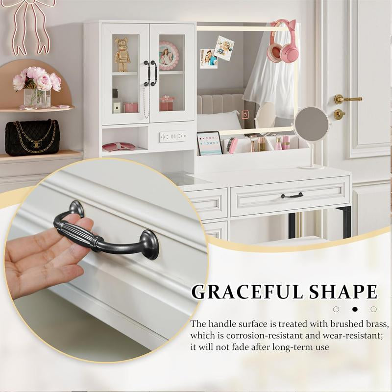 Large Makeup Vanity Desk with Mirror, Lights, and Glass Top Storage, Modern Furniture with Drawers Dresser and Bench for Bedroom, Charging Station