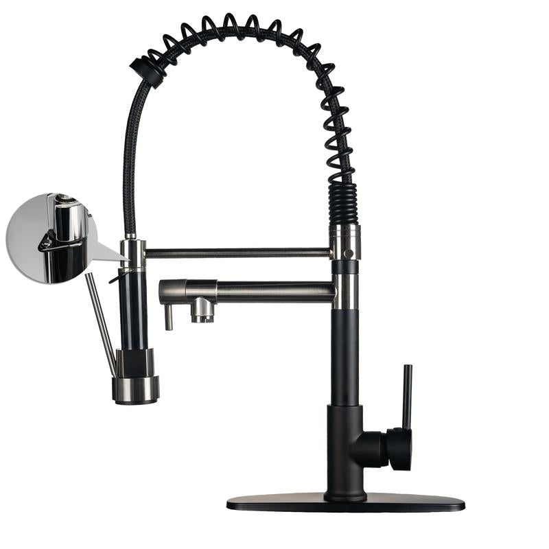 NGNP Kitchen Faucet with Pull-Down Spray, Single Handle Double Outlet Commercial Kitchen Sink Faucet, Solid Copper Body, Compatible with Deck 1 or 3 Holes Sprayer Black Steel High Arc Out