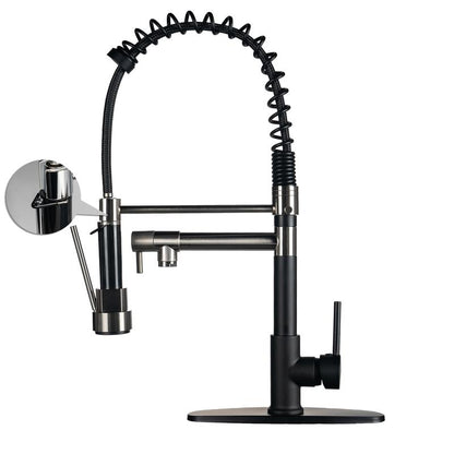 NGNP Kitchen Faucet with Pull-Down Spray, Single Handle Double Outlet Commercial Kitchen Sink Faucet, Solid Copper Body, Compatible with Deck 1 or 3 Holes Sprayer Black Steel High Arc Out