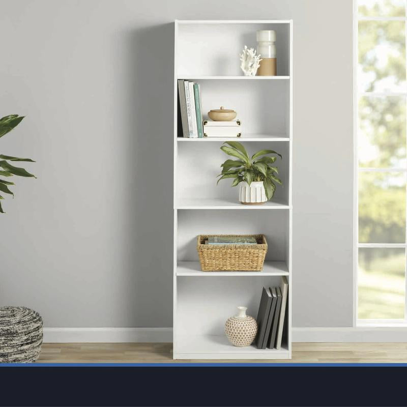 The 5 Drawer Bookcase with Adjustable Shelves Is a Sturdy Storage Unit with a Closed Back Design. the Cabinet Has a Glossy White Finish and Is Perfect for Storing Books, Papers and Decorative Items. the Bookcase Mounts to the Wall.