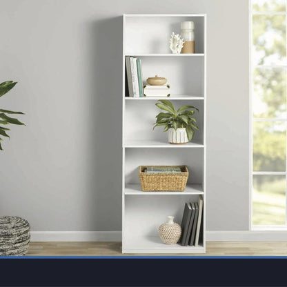 The 5 Drawer Bookcase with Adjustable Shelves Is a Sturdy Storage Unit with a Closed Back Design. the Cabinet Has a Glossy White Finish and Is Perfect for Storing Books, Papers and Decorative Items. the Bookcase Mounts to the Wall.