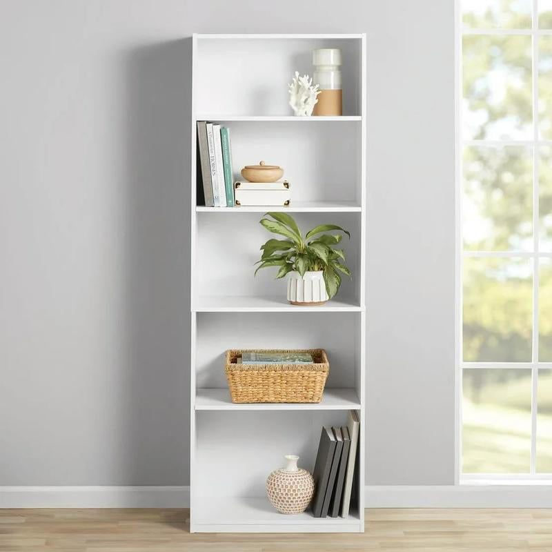 The 5 Drawer Bookcase with Adjustable Shelves Is a Sturdy Storage Unit with a Closed Back Design. the Cabinet Has a Glossy White Finish and Is Perfect for Storing Books, Papers and Decorative Items. the Bookcase Mounts to the Wall.
