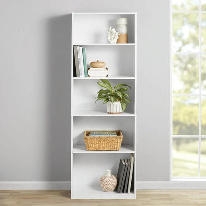 The 5 Drawer Bookcase with Adjustable Shelves Is a Sturdy Storage Unit with a Closed Back Design. the Cabinet Has a Glossy White Finish and Is Perfect for Storing Books, Papers and Decorative Items. the Bookcase Mounts to the Wall.