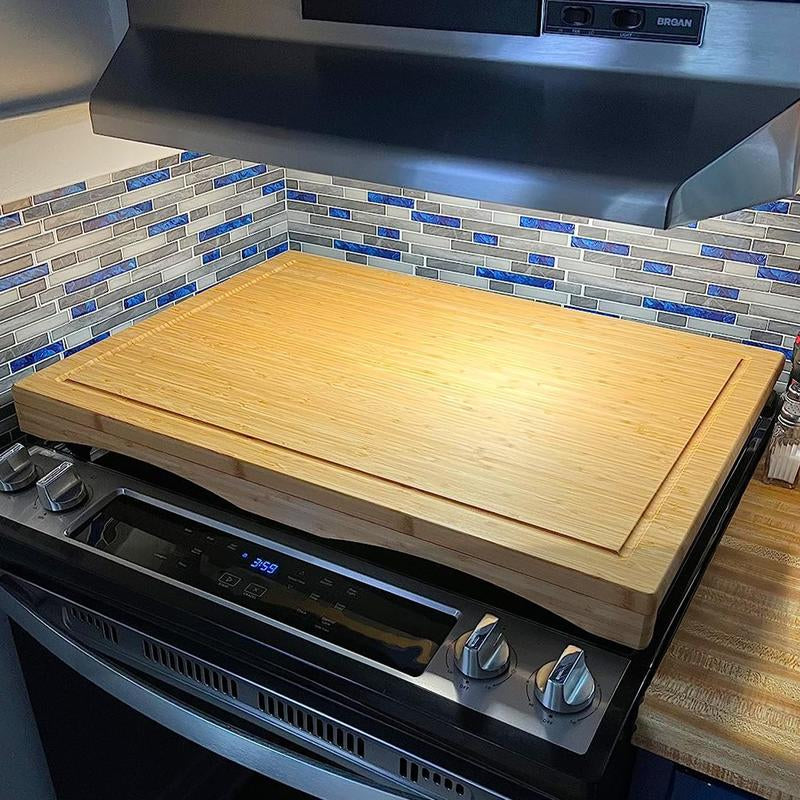 Stove Cover Board for Gas Stovetop - Raised Cutting Board with Legs and Juice Grooves, Adjustable Noodle Board Stove Cover for RV Stove Top (29.52"X21.65") Chopping Kitchen Knives Bamboo Oil Wooden