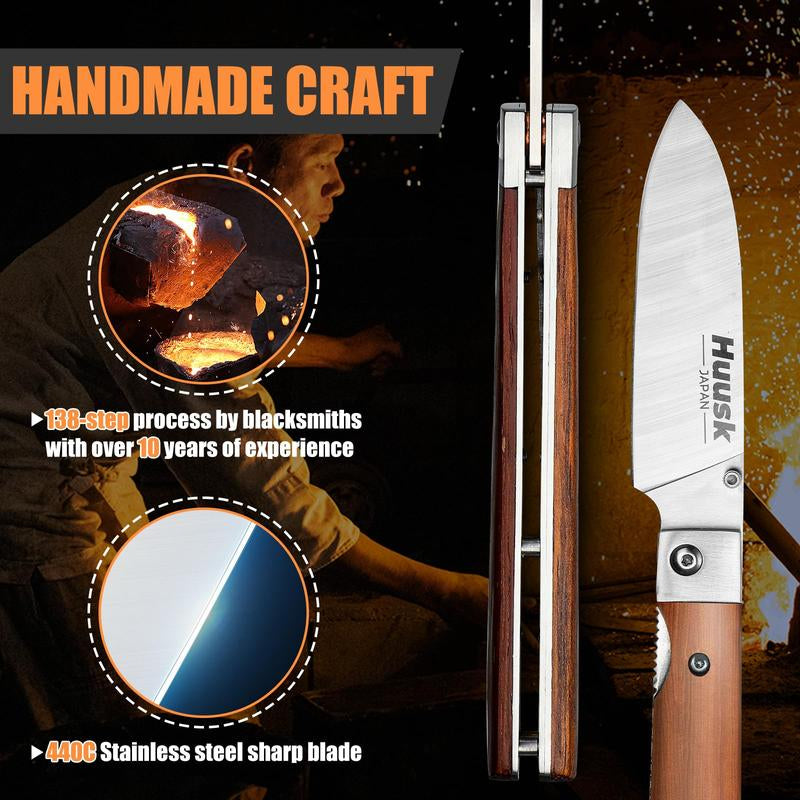 Huusk Folding Chef Pocket Knife, Japanese Santoku with 440C Stainless Steel Ultra Sharp Blade. EDC Kitchen, BBQ, Camping Knife for Meat, Veggies, and Fruits. Perfect Thanksgiving/Black Friday Gift.