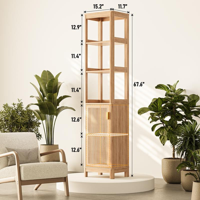 68'' Bathroom Storage Cabinet with Adjustable Shelves, Corner Cabinet for Bathroom, Tall Narrow, Kitchen & Living Room, Space-Saving Organizer with Door Natural Oak
