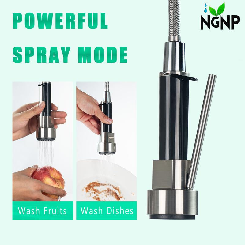 NGNP Kitchen Faucet with Pull-Down Spray, Single Handle Double Outlet Commercial Kitchen Sink Faucet, Solid Copper Body, Compatible with Deck 1 or 3 Holes Sprayer Black Steel High Arc Out