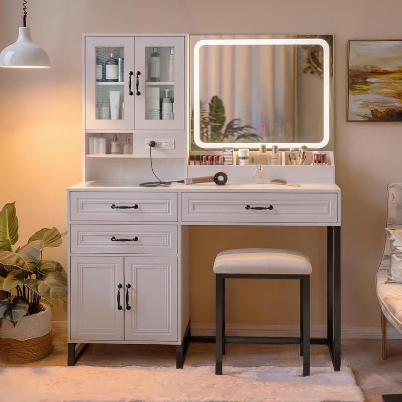 Large Makeup Vanity Desk with Mirror, Lights, and Glass Top Storage, Modern Furniture with Drawers Dresser and Bench for Bedroom, Charging Station