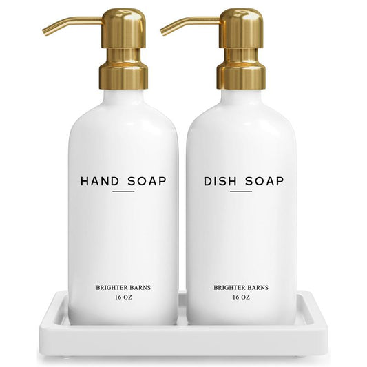 Luxury Glass Hand and Dish Soap Dispenser Set by Brighter Barns - Kitchen Soap Dispenser Set with Tray for Kitchen Sink - White and Gold Kitchen Accessories & Decor (Gold)